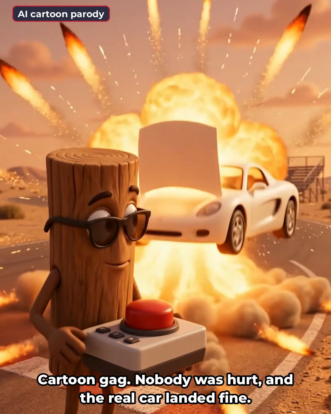 Cartoon parody frame: a cartoon log character in sunglasses holds a big red button while a white cartoon sports car bursts into a cartoon explosion. On-screen text reads: Cartoon gag. Nobody was hurt, and the real car landed fine.